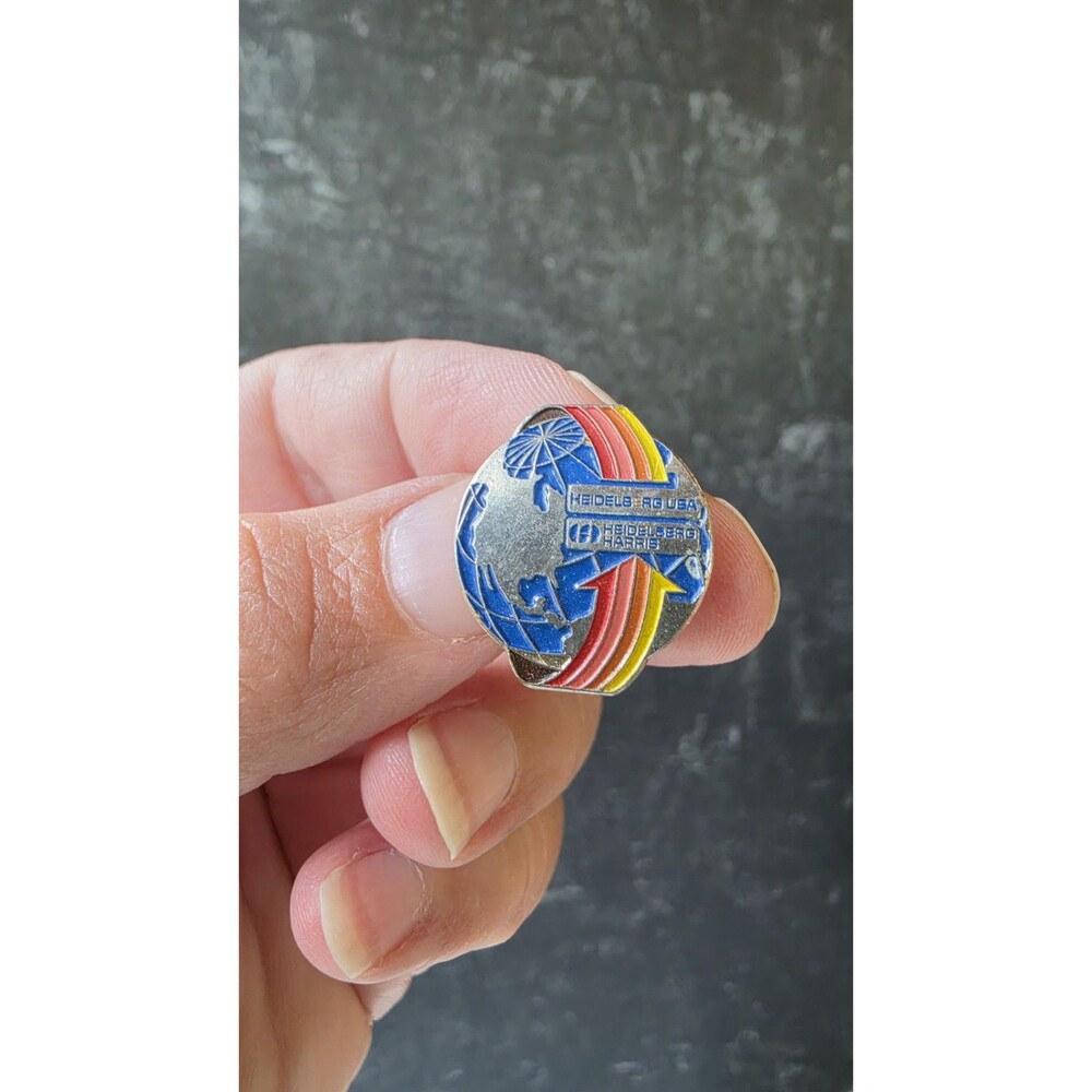 Heidelberg USA Heidelberg Harris Enamel Silver Tone Metal Earth Pin Vintage READ
